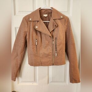 Wild Pearl Faux Leather Moto Jacket Brown Tan Zip Pockets Women's
